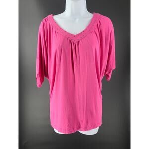 John Paul Richard studded pink Barbicore flowy vneck womens top Size Med Office